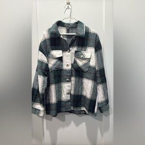 SHEIN - Flannel Shirt Jacket - Dark Green Plaid - Size: M